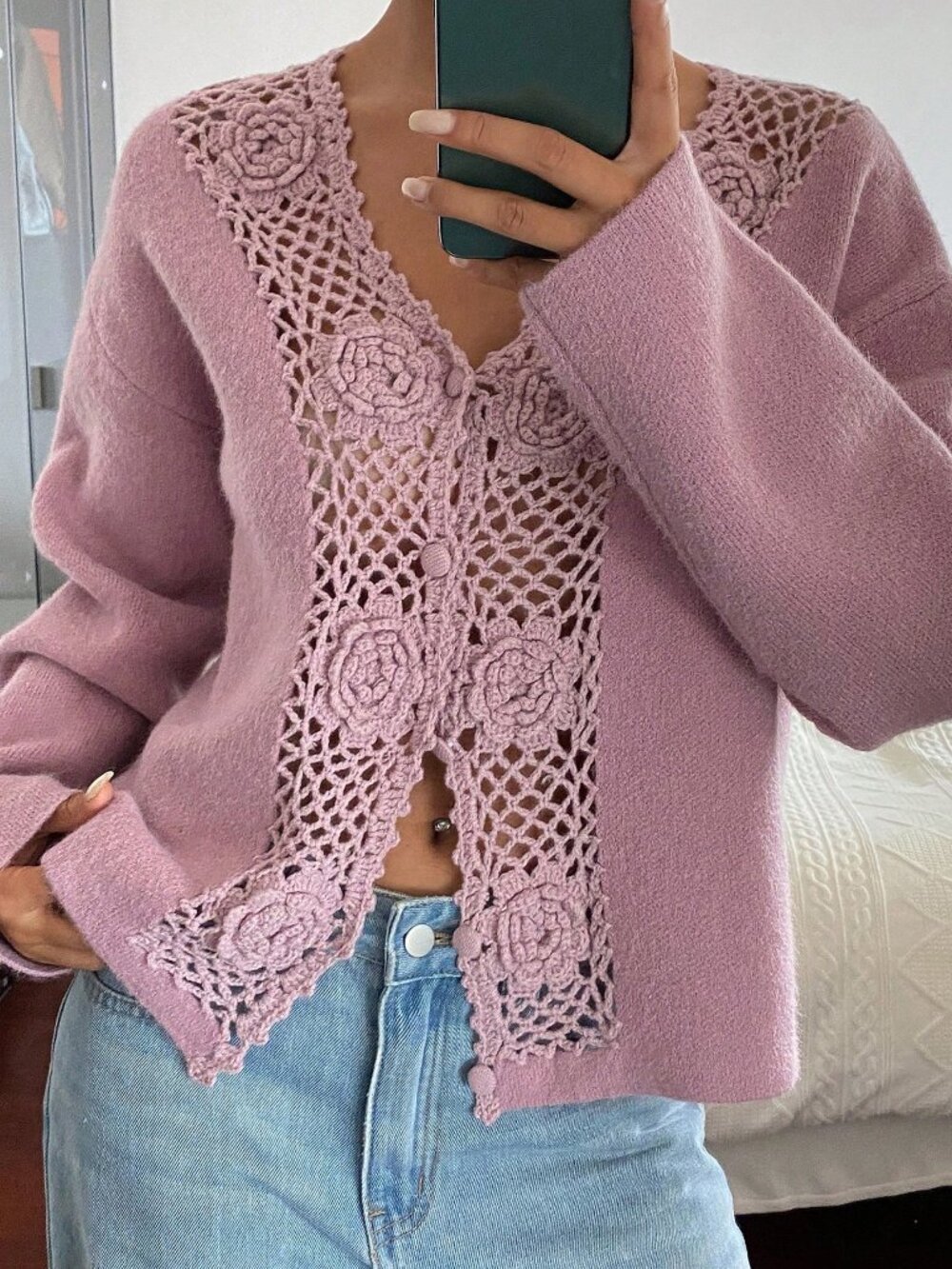 Casual Women's Hollow-Out 3d Floral Decor Cardigan